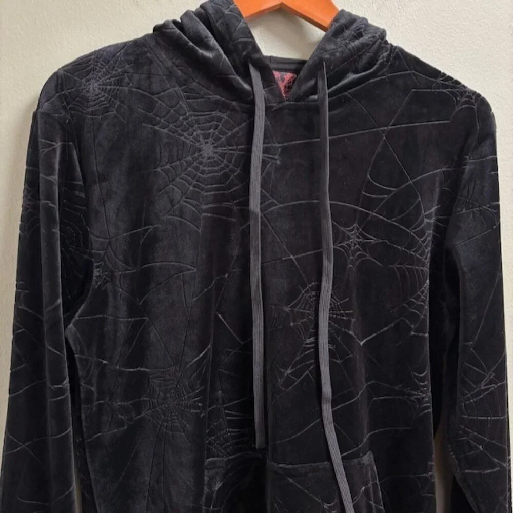 KILLSTAR Womens Black Velvet Velour Spider Web Hoodie Size XS Vamp‎ Goth Grunge